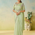  Pastel Green Stylish Blouse Elegant Party Wear Silk Saree