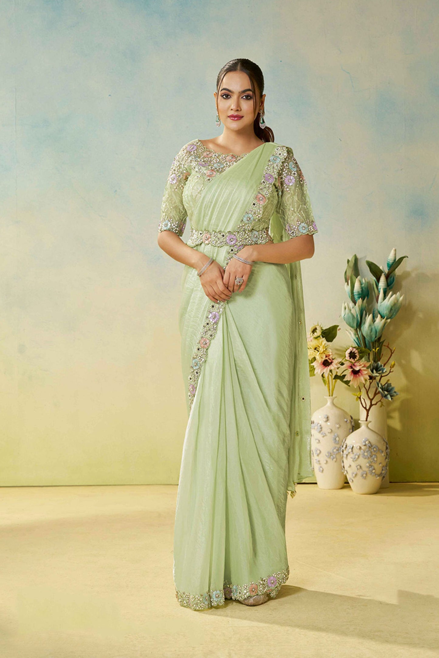  Pastel Green Stylish Blouse Elegant Party Wear Silk Saree
