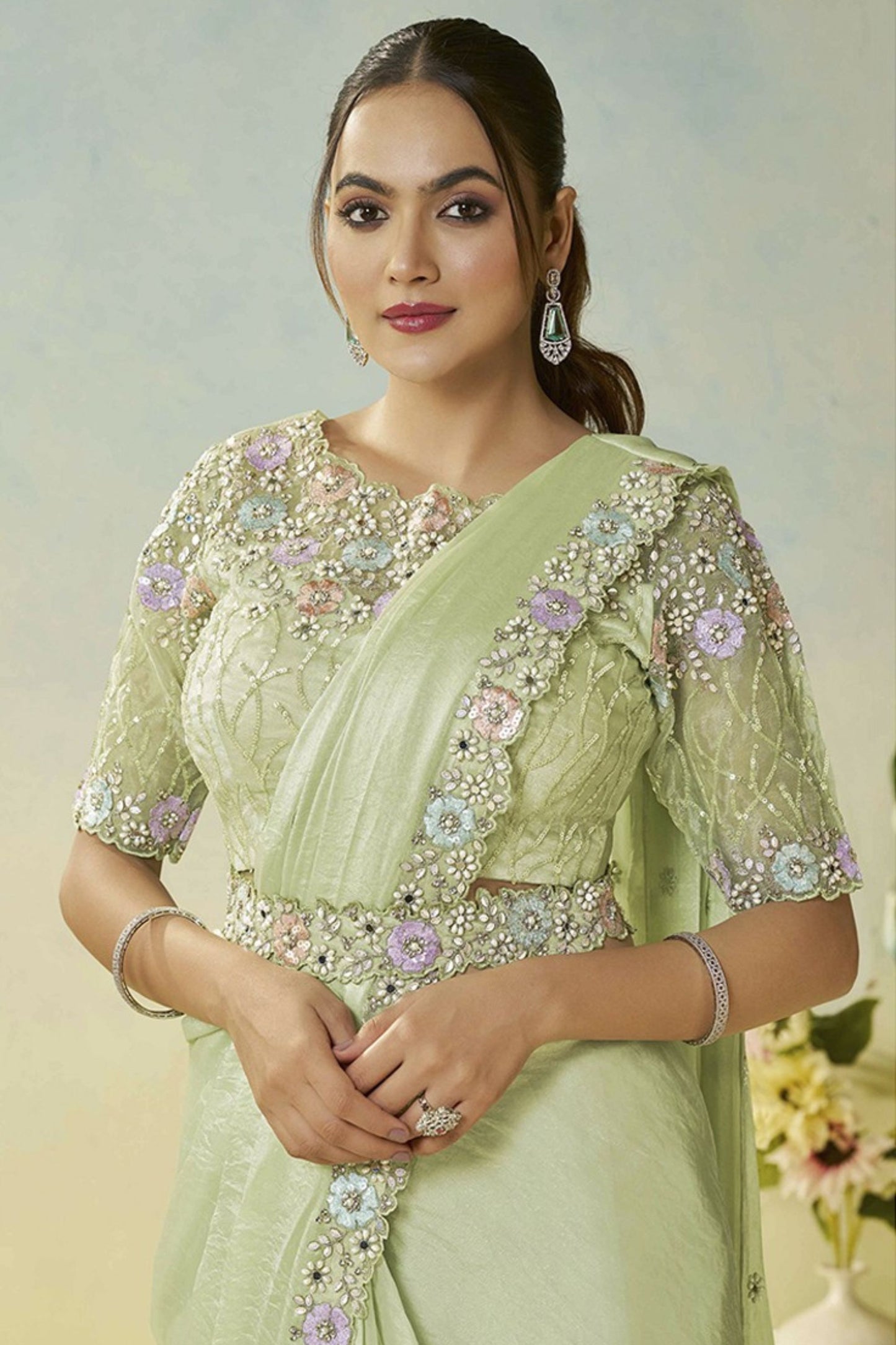 Pastel Green Stylish Blouse Elegant Party Wear Silk Saree