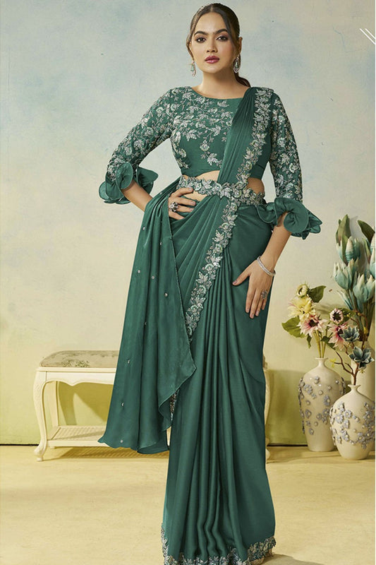  Dark Green Saree Stylish Blouse Elegant Party Wear Silk Saree