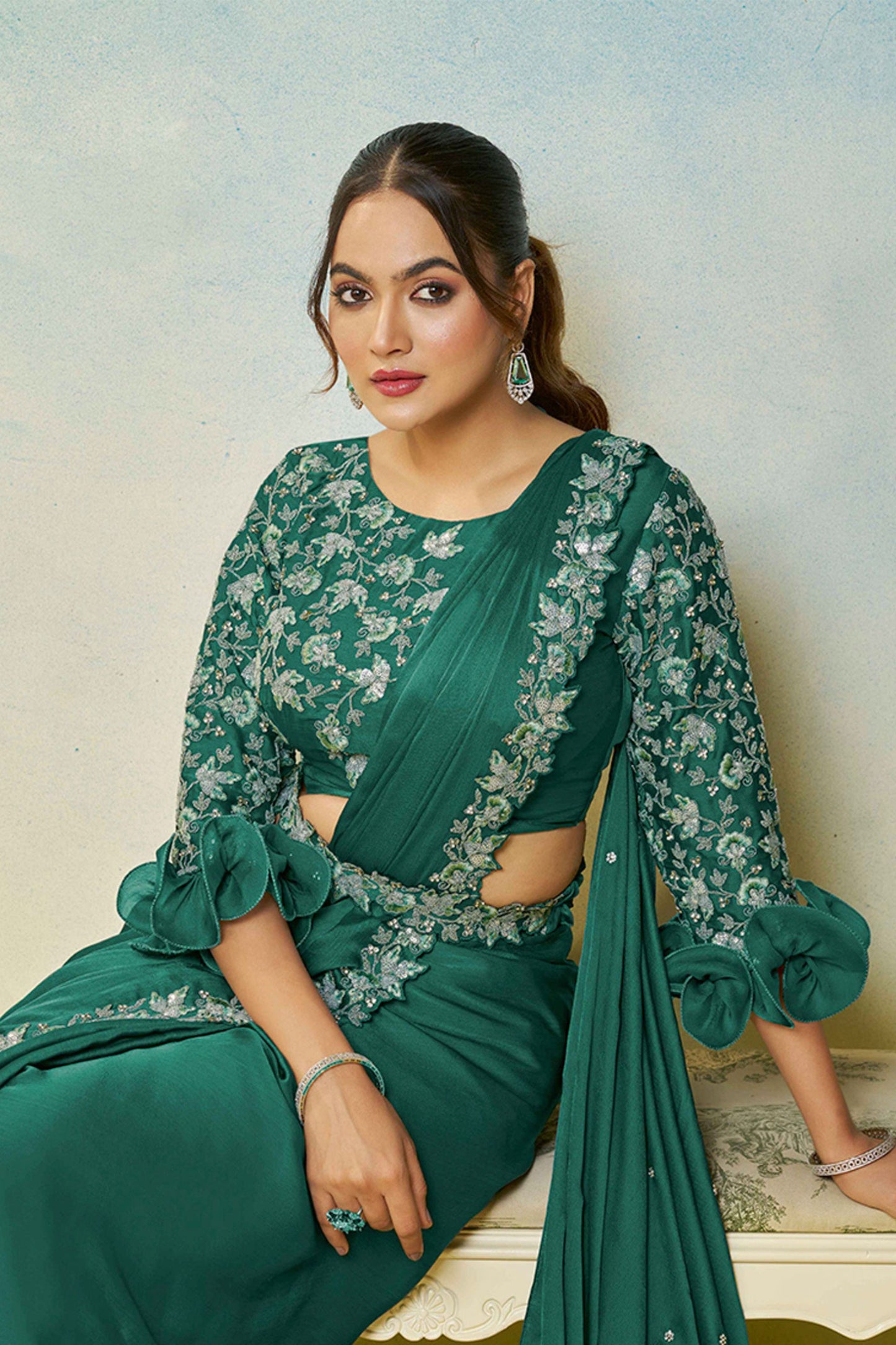 Dark Green Saree Stylish Blouse Elegant Party Wear Silk Saree