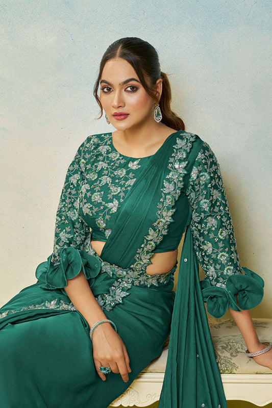 Dark Green Saree Stylish Blouse Elegant Party Wear Silk Saree