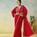 Designer Red Saree Stylish Full Sleeve Blouse Elegant Party Wear 
