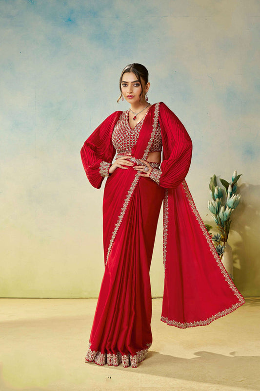 Designer Red Saree Stylish Full Sleeve Blouse Elegant Party Wear 