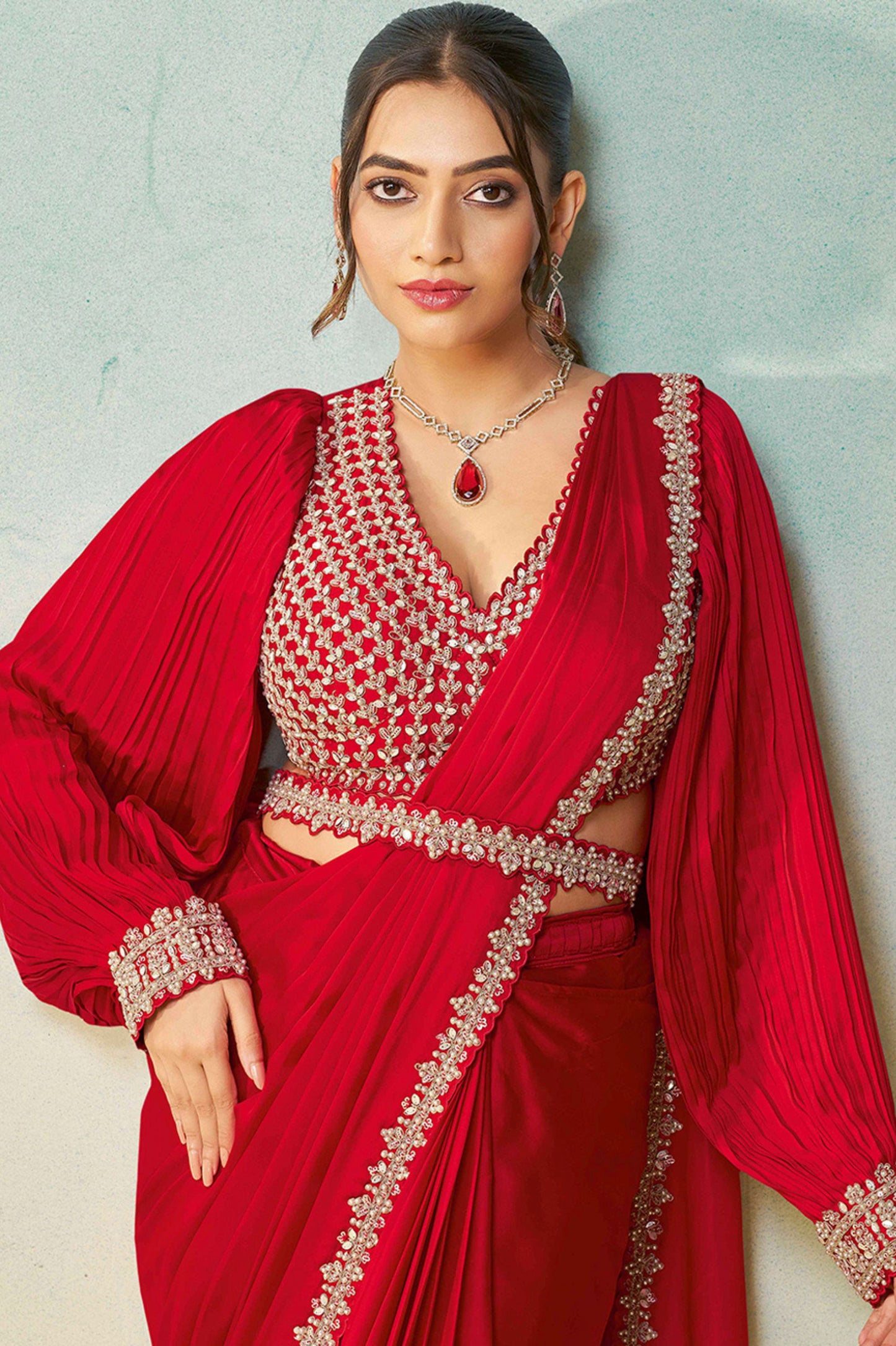 Designer Red Saree Stylish Full Sleeve Blouse Elegant Party Wear