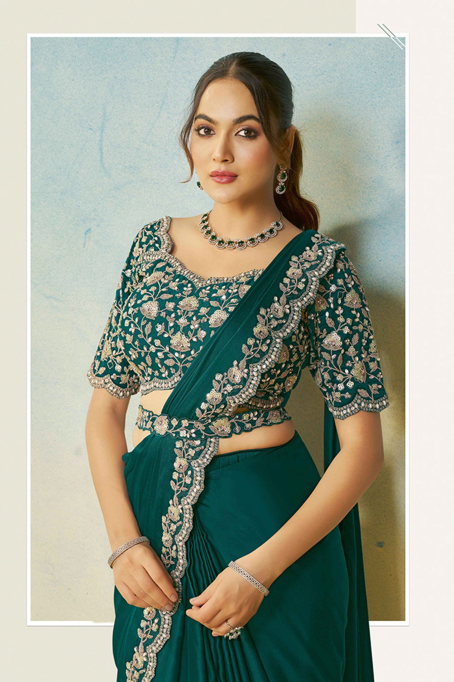 Dark Green Saree Blouse Elegant Party Wear Saree
