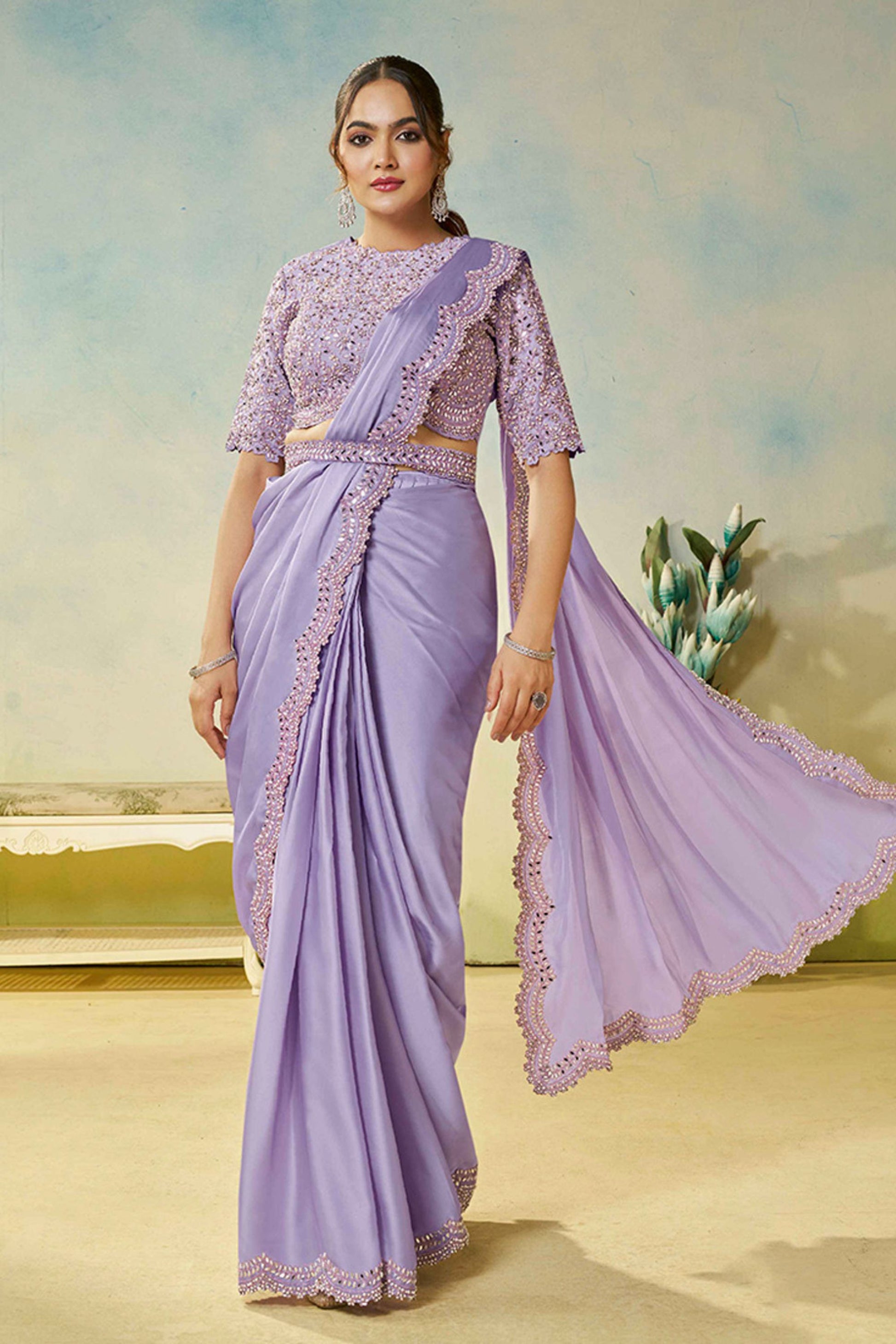 Designer Lavender Saree Matching Blouse Elegant Party Wear Saree