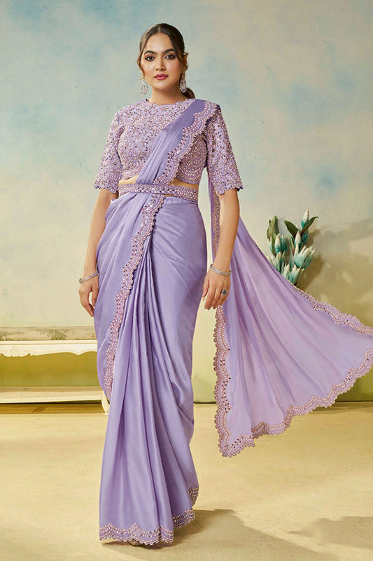 Designer Lavender Saree Matching Blouse Elegant Party Wear Saree