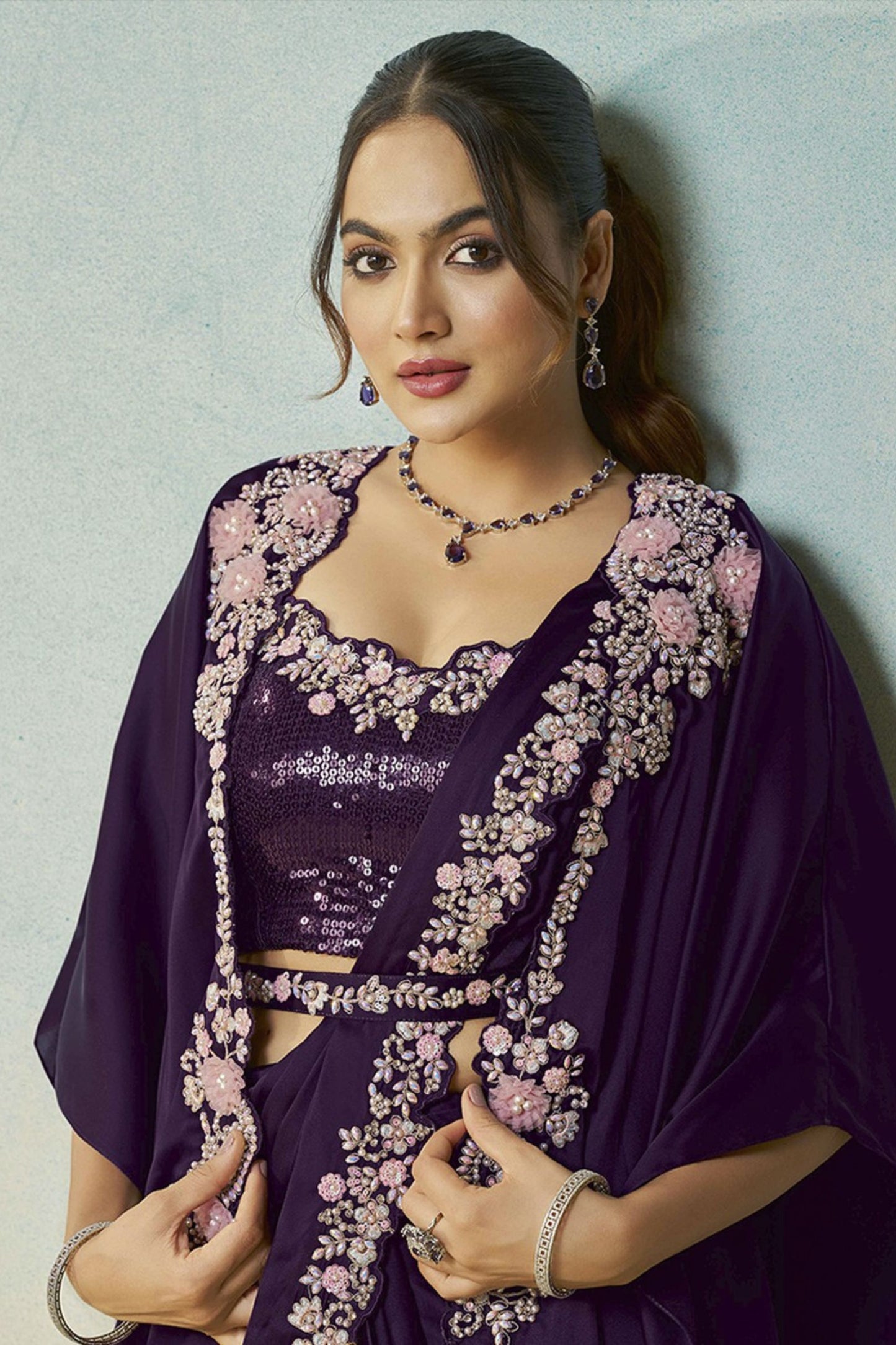 Designer Dark Purple Embroidered Saree Blouse