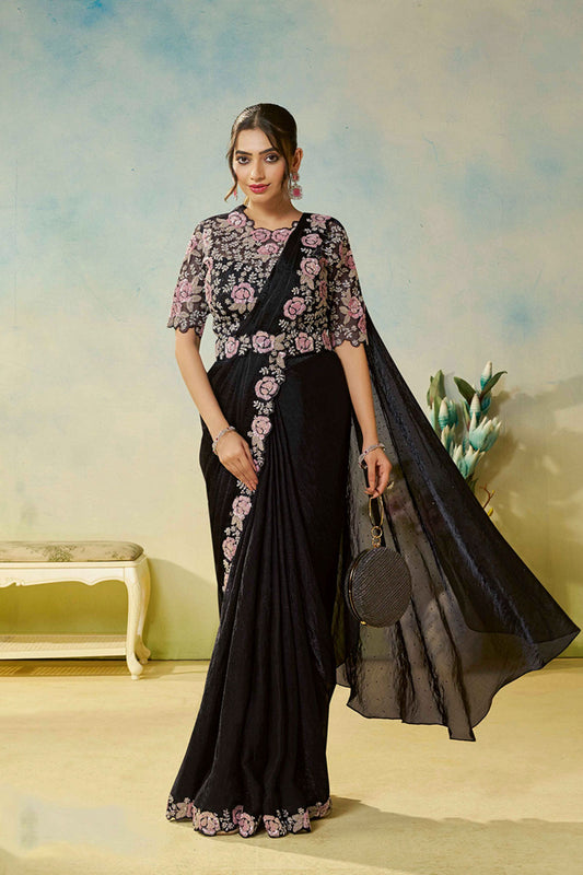 Designer Black Saree with Pink Matching Blouse Party Wear Saree