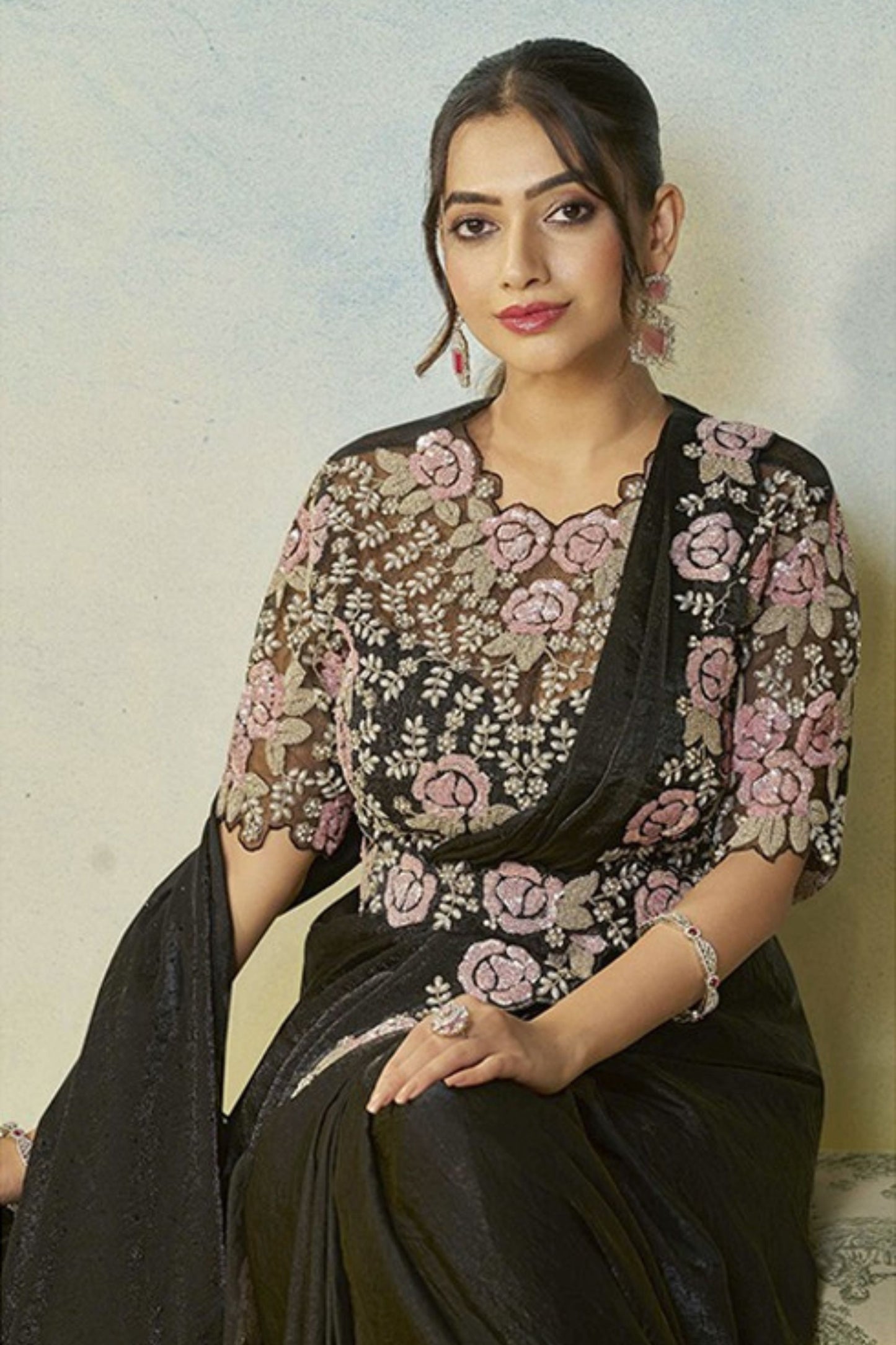 Designer Black Saree with Pink Matching Blouse Party Wear Saree
