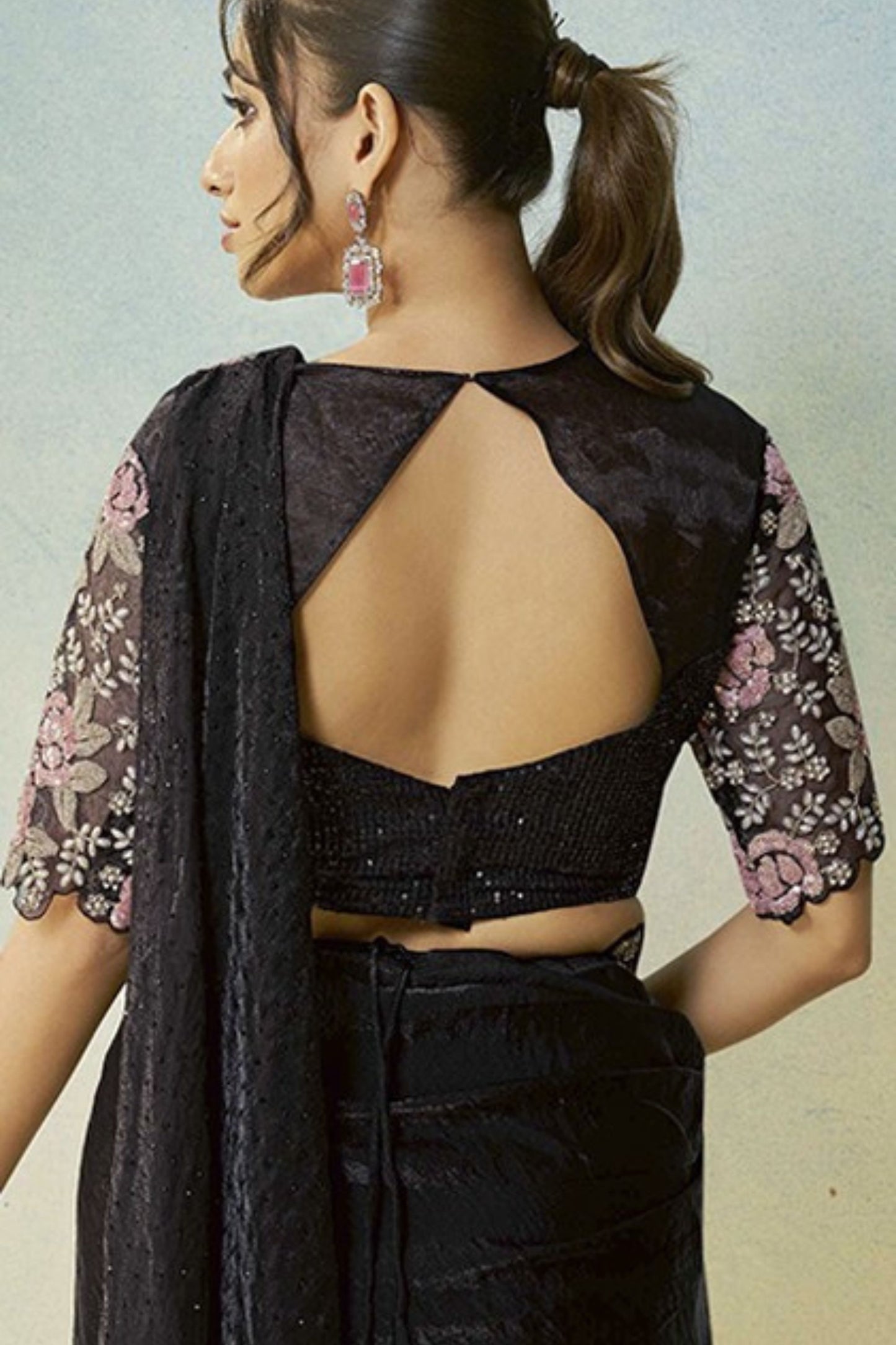 Designer Black Saree with Pink Matching Blouse Party Wear Saree