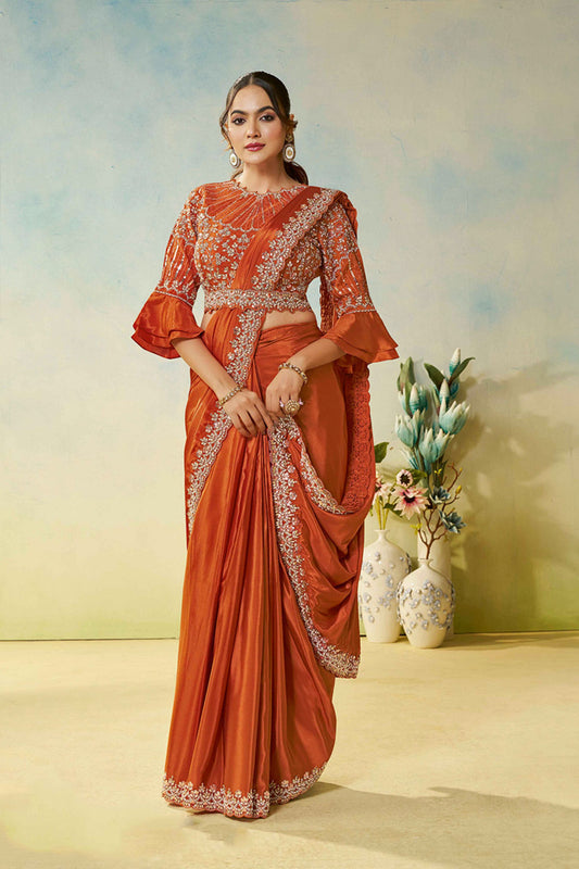 Designer Rust Orange Saree Fancy Blouse Elegant  Party Wear Saree