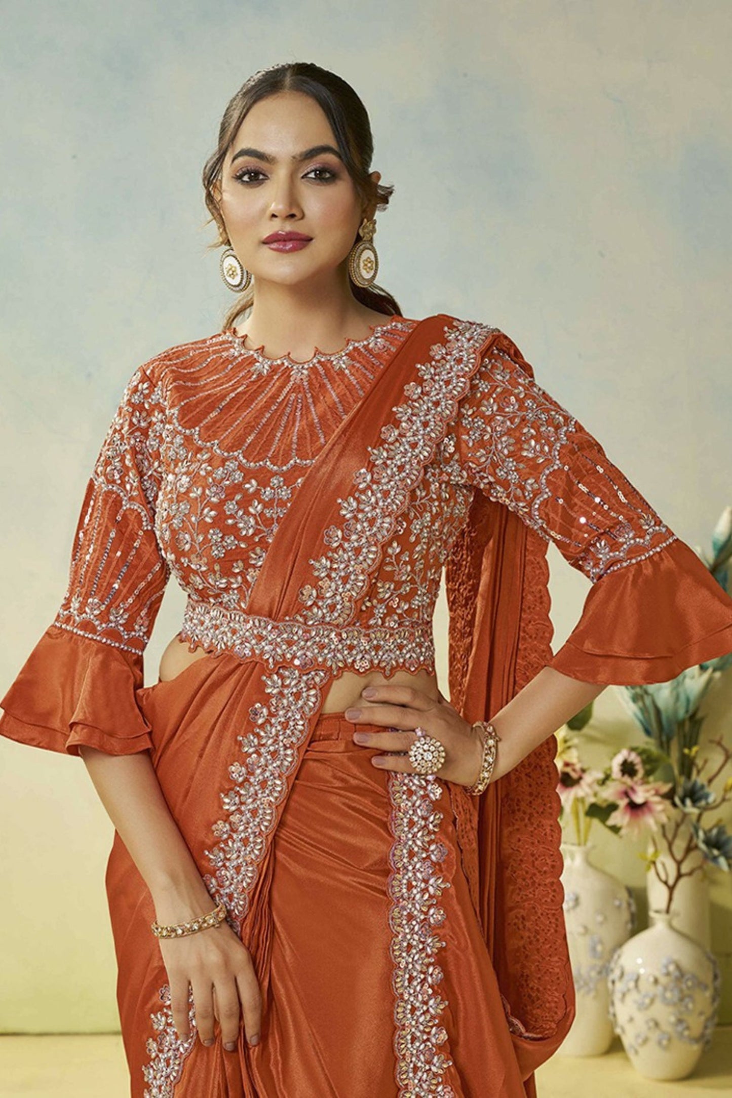 Designer Rust Orange Saree Fancy Blouse Elegant  Party Wear Saree