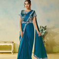 Designer Teal Blue Saree Blouse Elegant Party Wear Saree