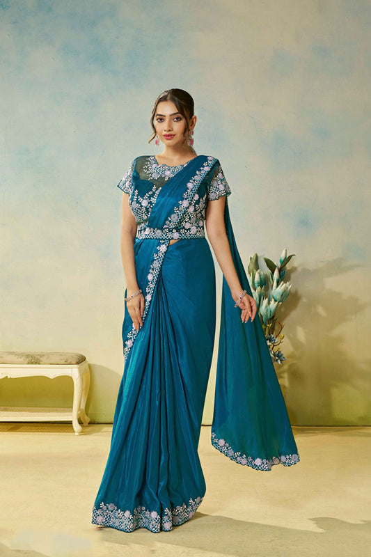 Designer Teal Blue Saree Blouse Elegant Party Wear Saree
