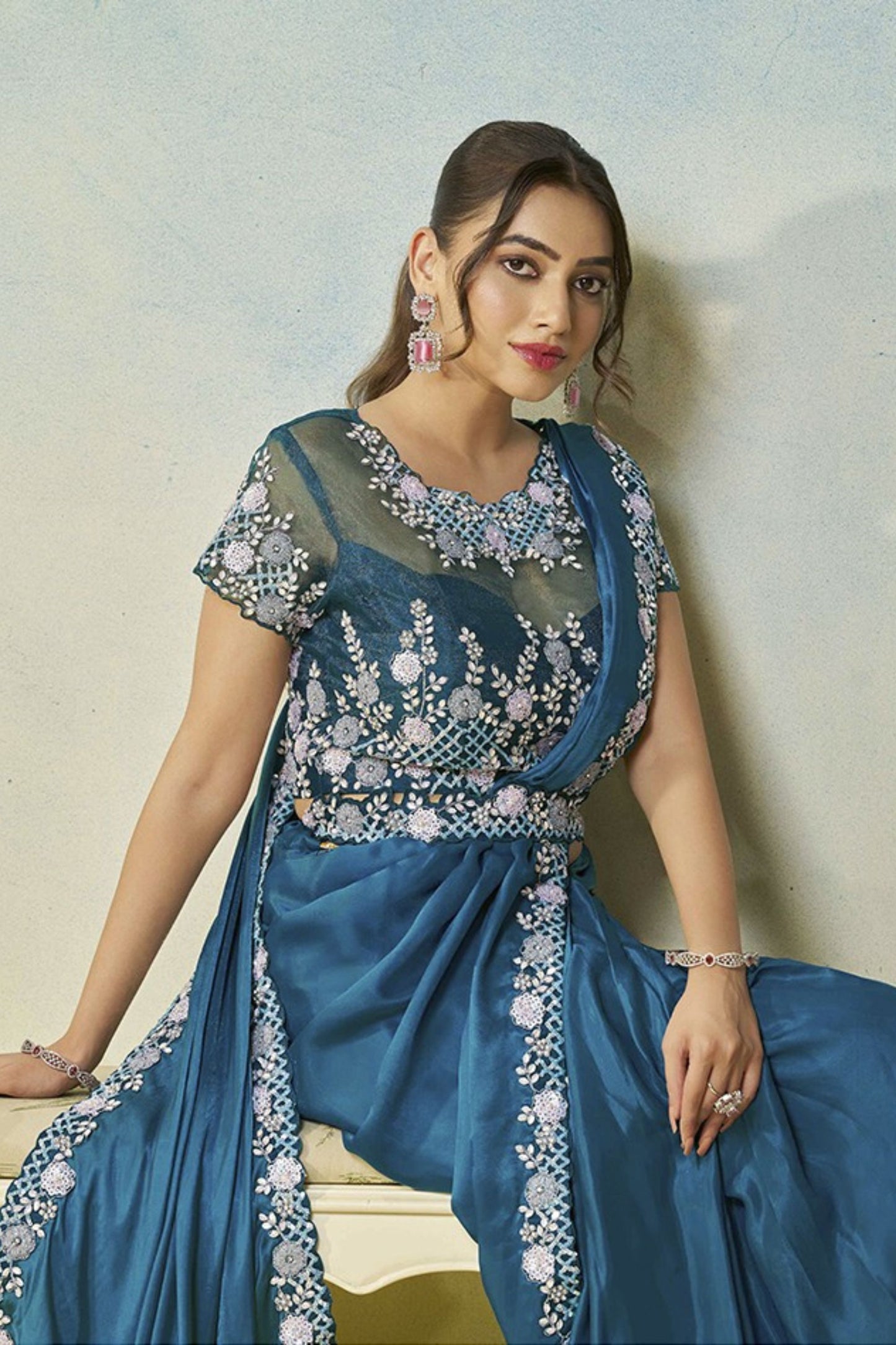 Designer Teal Blue Saree Blouse Elegant Party Wear Saree