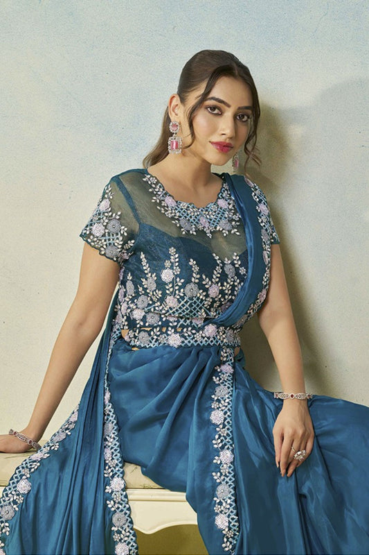 Designer Teal Blue Saree Blouse Elegant Party Wear Saree