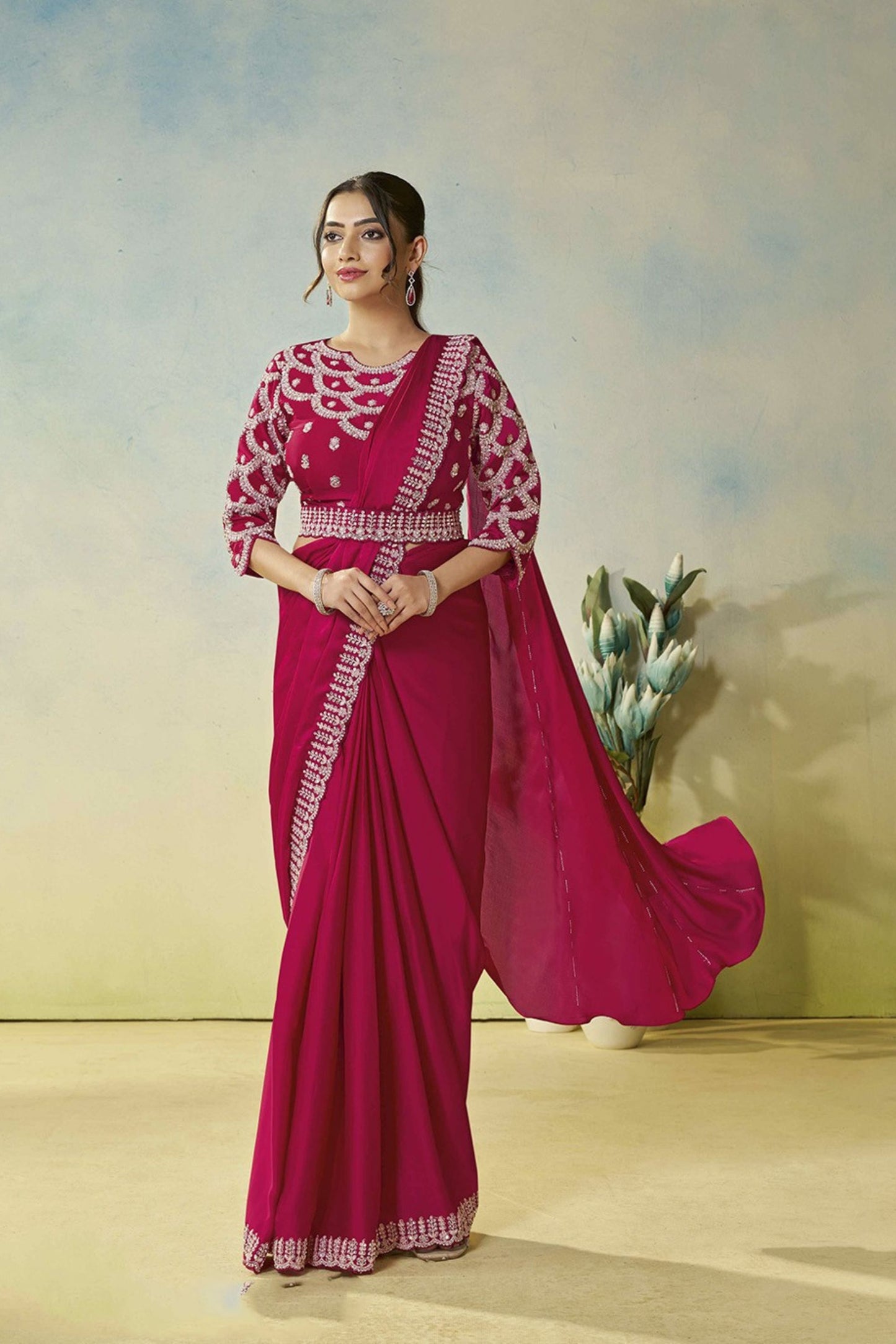 Elegant Wine Pink Designer Saree Stylish Blouse Party Wear