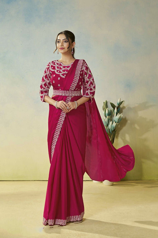 Elegant Wine Pink Designer Saree Stylish Blouse Party Wear