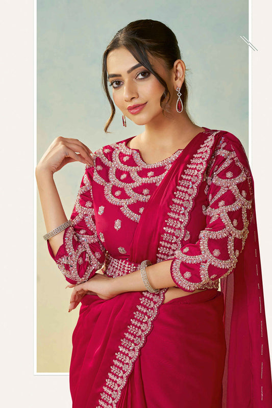 Elegant Wine Pink Designer Saree Stylish Blouse Party Wear