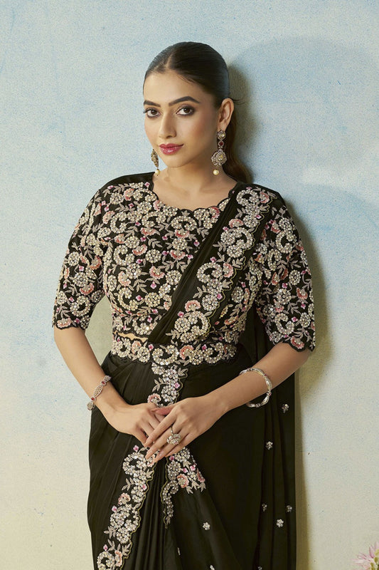 Dark Green Designer Saree Matching Blouse Party Wear