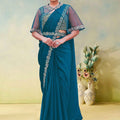 Teal Blue Designer Saree with Sheer Sleeve Blouse