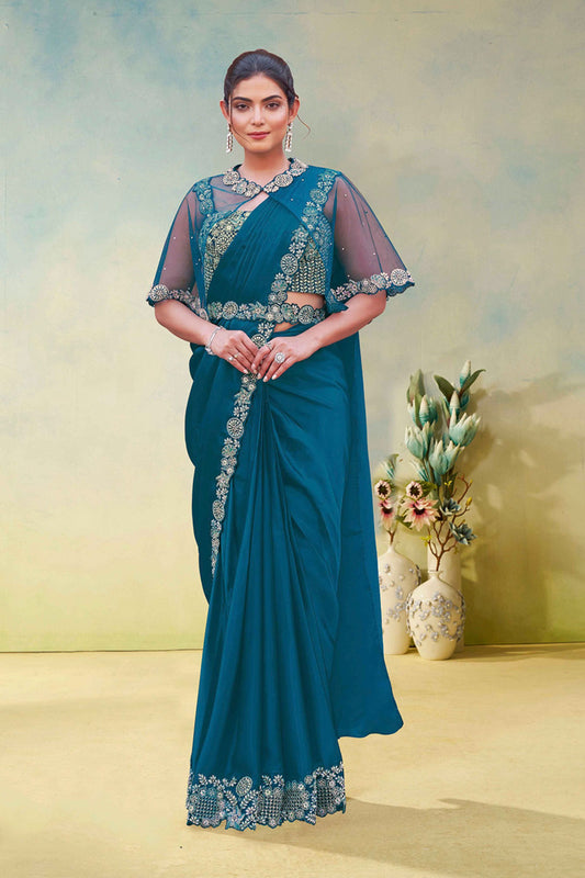 Teal Blue Designer Saree with Sheer Sleeve Blouse
