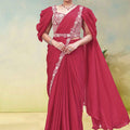 Designer Red Saree Stylish Blouse Puff Sleeves Party Wear