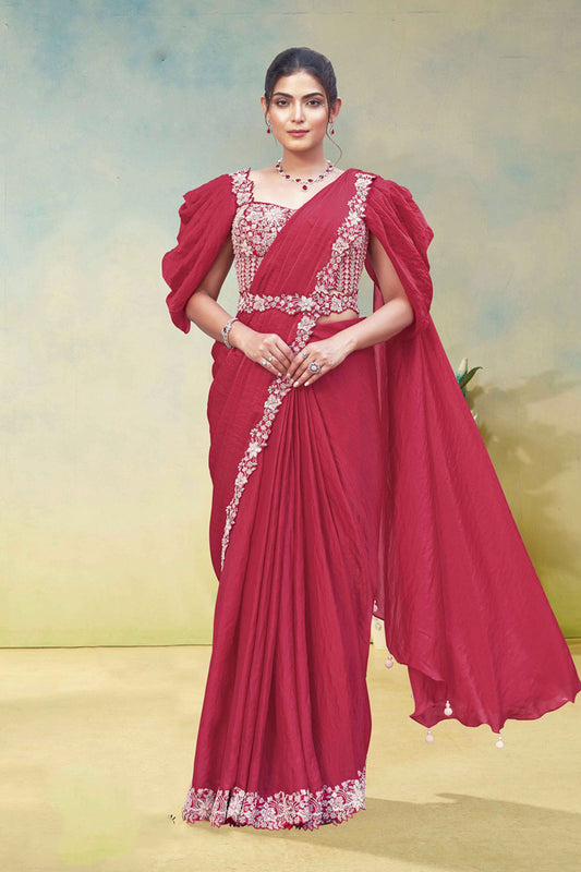 Designer Red Saree Stylish Blouse Puff Sleeves Party Wear