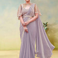 Lavender Saree Designer Net Blouse Sleeves Party Wear