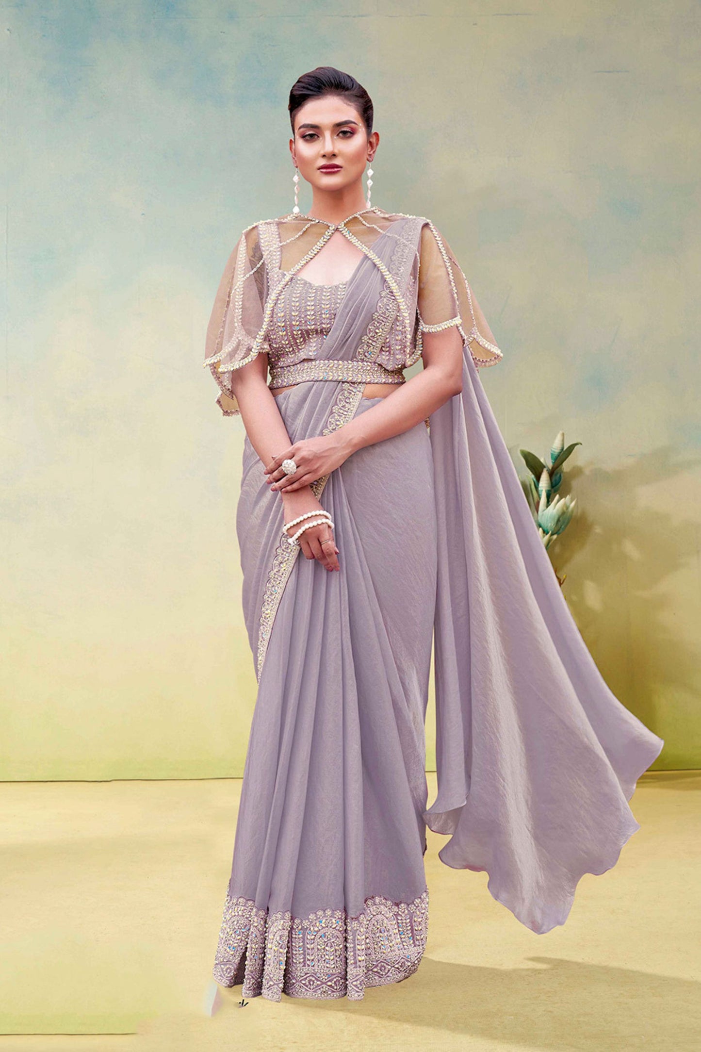 Lavender Saree Designer Net Blouse Sleeves Party Wear