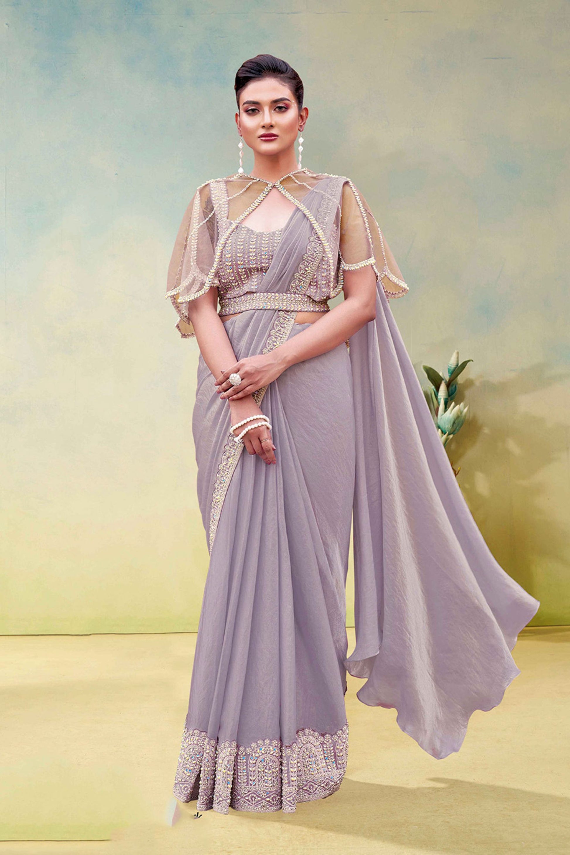 Lavender Saree Designer Net Blouse Sleeves Party Wear