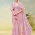  Pink Saree with Designer Net Cape Blouse Party Wear