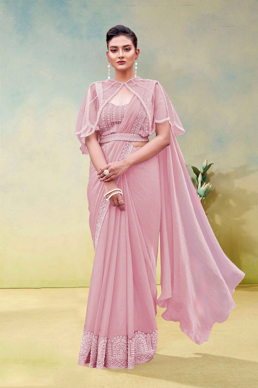  Pink Saree with Designer Net Cape Blouse Party Wear