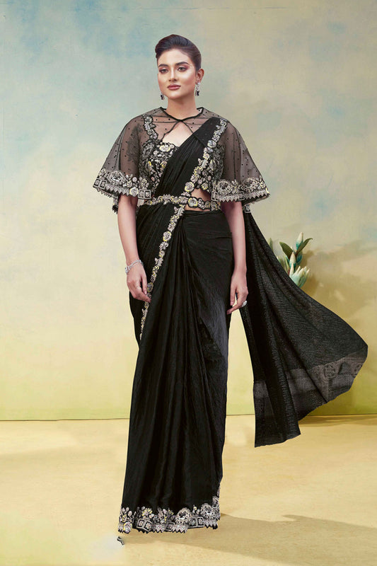Designer Black Saree with Stylish Net Cape Blouse