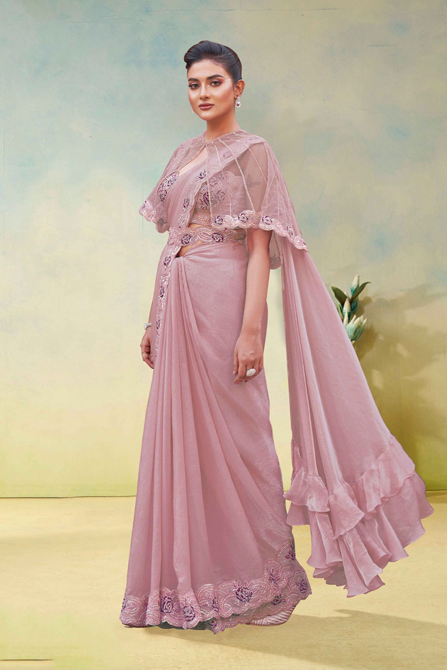 Dusty Pink Saree Designer Net Cape Blouse  Party Wear