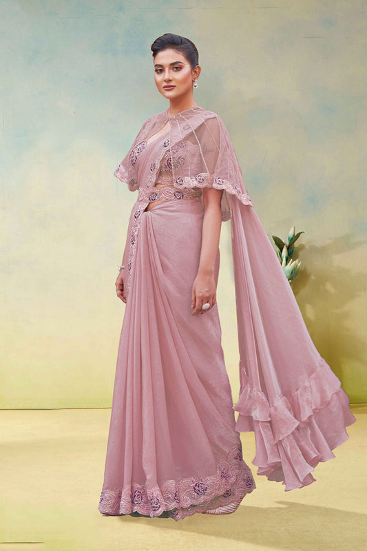 Dusty Pink Saree Designer Net Cape Blouse  Party Wear