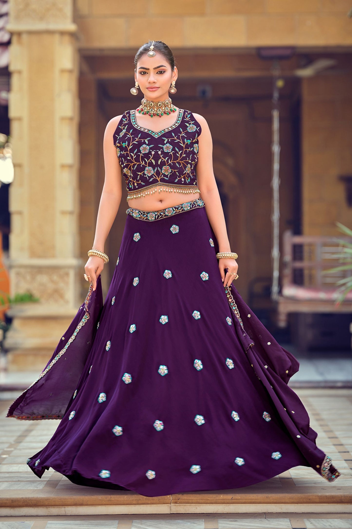 Elegant Purple Embroidered Georgette Lehenga Choli with Mirror Work and Dupatta