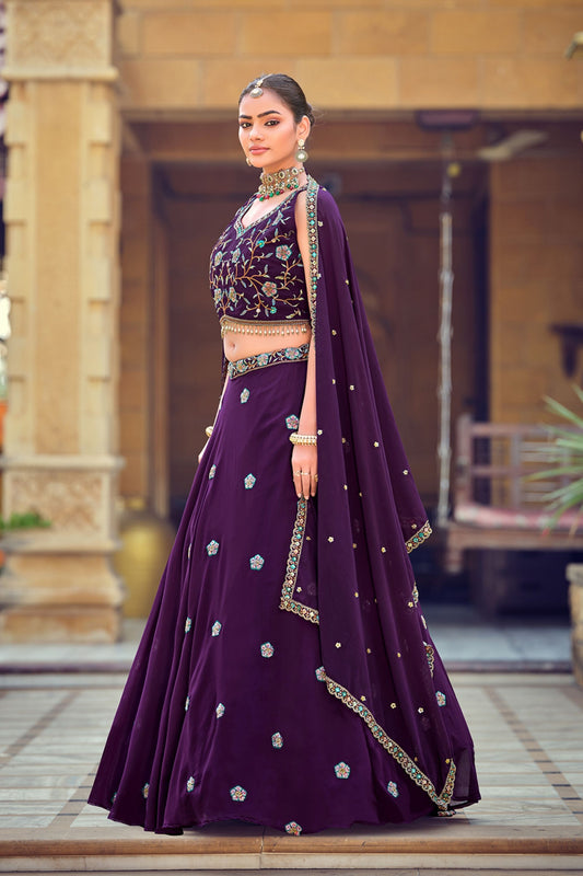 Elegant Purple Embroidered Georgette Lehenga Choli with Mirror Work and Dupatta