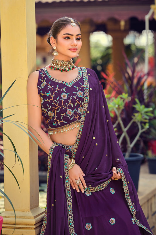 Elegant Purple Embroidered Georgette Lehenga Choli with Mirror Work and Dupatta