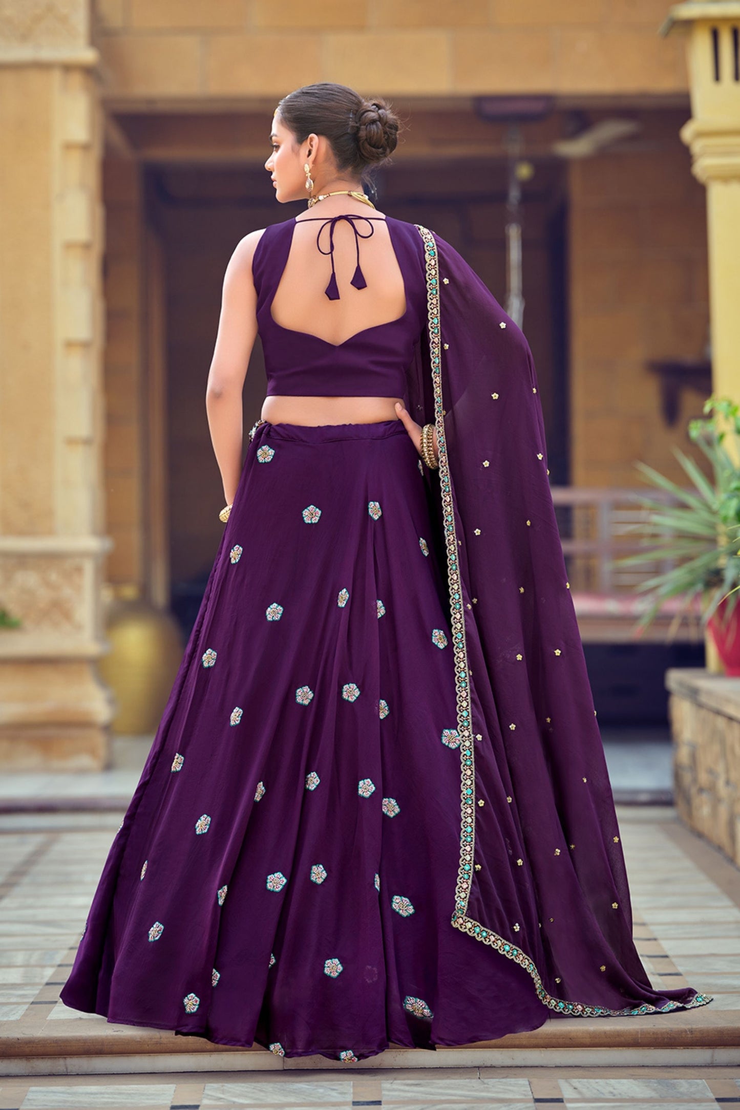 Elegant Purple Embroidered Georgette Lehenga Choli with Mirror Work and Dupatta