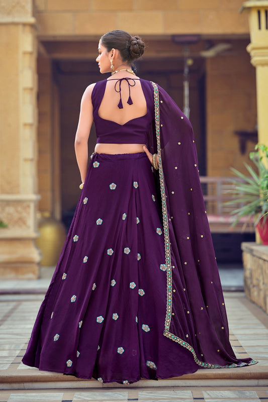 Elegant Purple Embroidered Georgette Lehenga Choli with Mirror Work and Dupatta