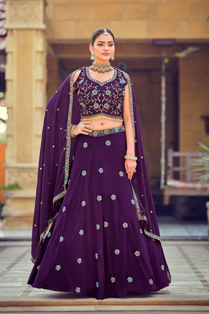 Elegant Purple Embroidered Georgette Lehenga Choli with Mirror Work and Dupatta