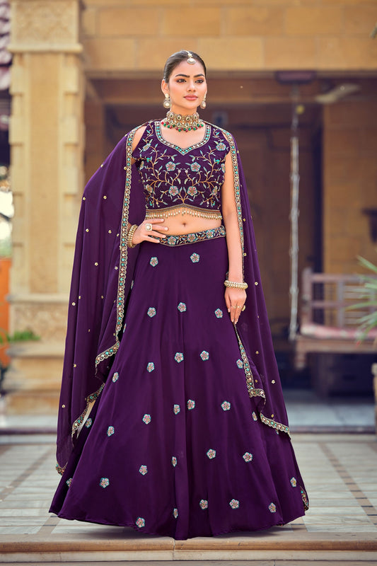 Elegant Purple Embroidered Georgette Lehenga Choli with Mirror Work and Dupatta