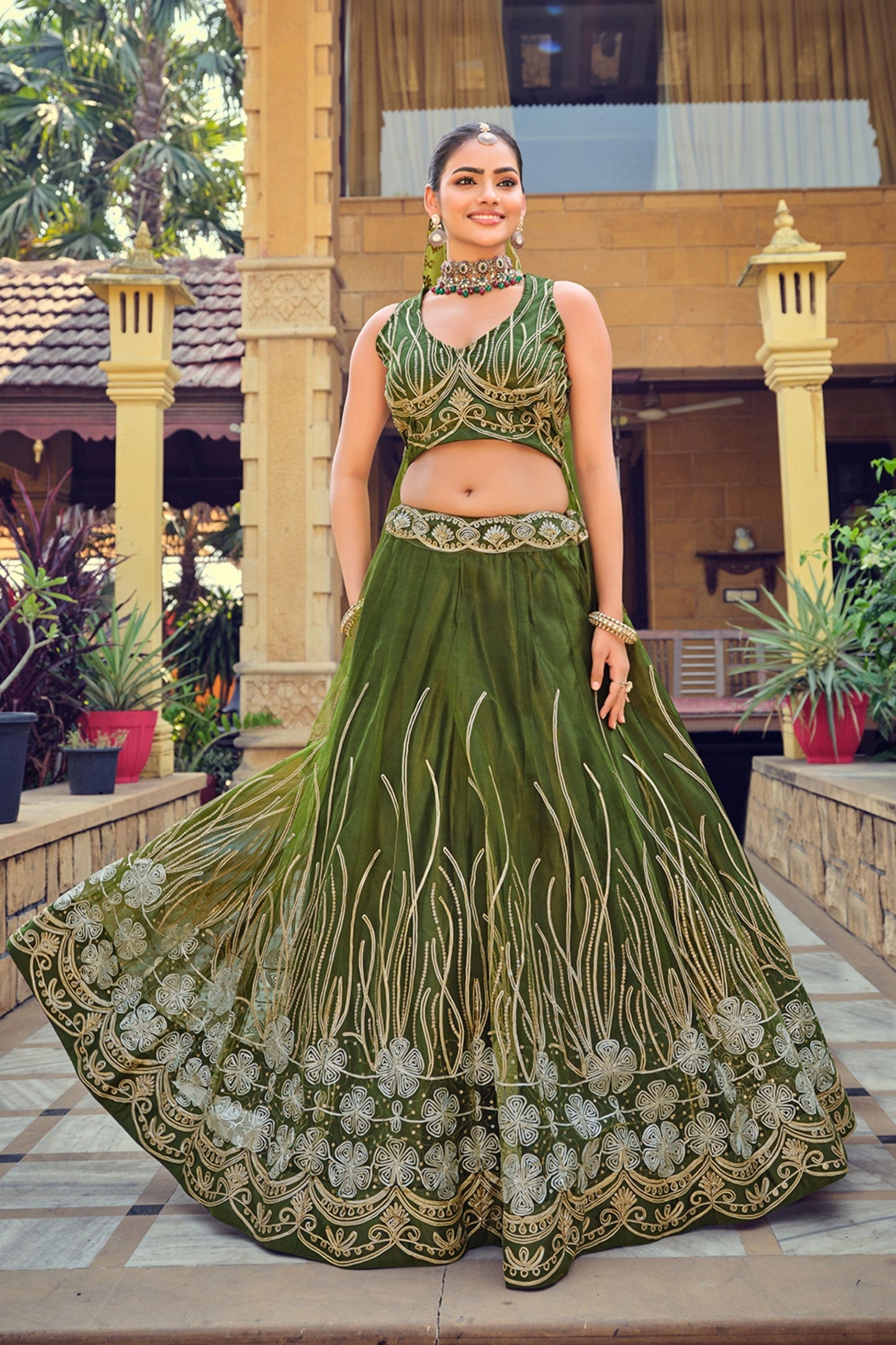 Graceful Olive Green Embroidered Net Lehenga Choli with Dupatta for Wedding