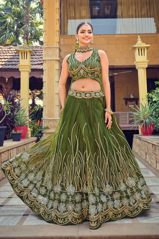Graceful Olive Green Embroidered Net Lehenga Choli with Dupatta for Wedding