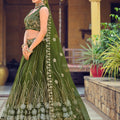Graceful Olive Green Embroidered Net Lehenga Choli with Dupatta for Wedding
