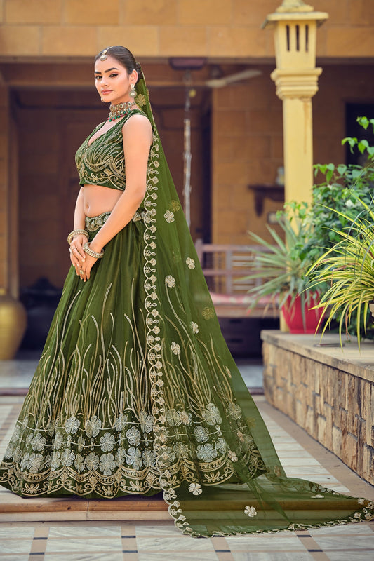 Graceful Olive Green Embroidered Net Lehenga Choli with Dupatta for Wedding