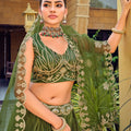 Graceful Olive Green Embroidered Net Lehenga Choli with Dupatta for Wedding